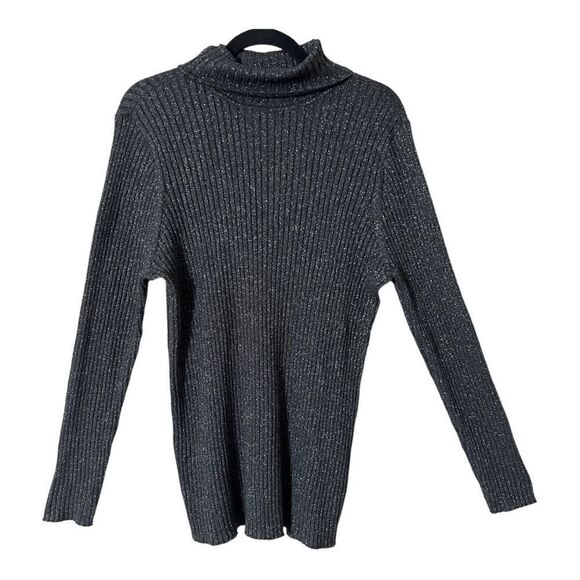 Chico’s Women’s Graphite Gray Metallic Lurex Ribbed Coolmax Turtleneck Sweater - Picture 2 of 7